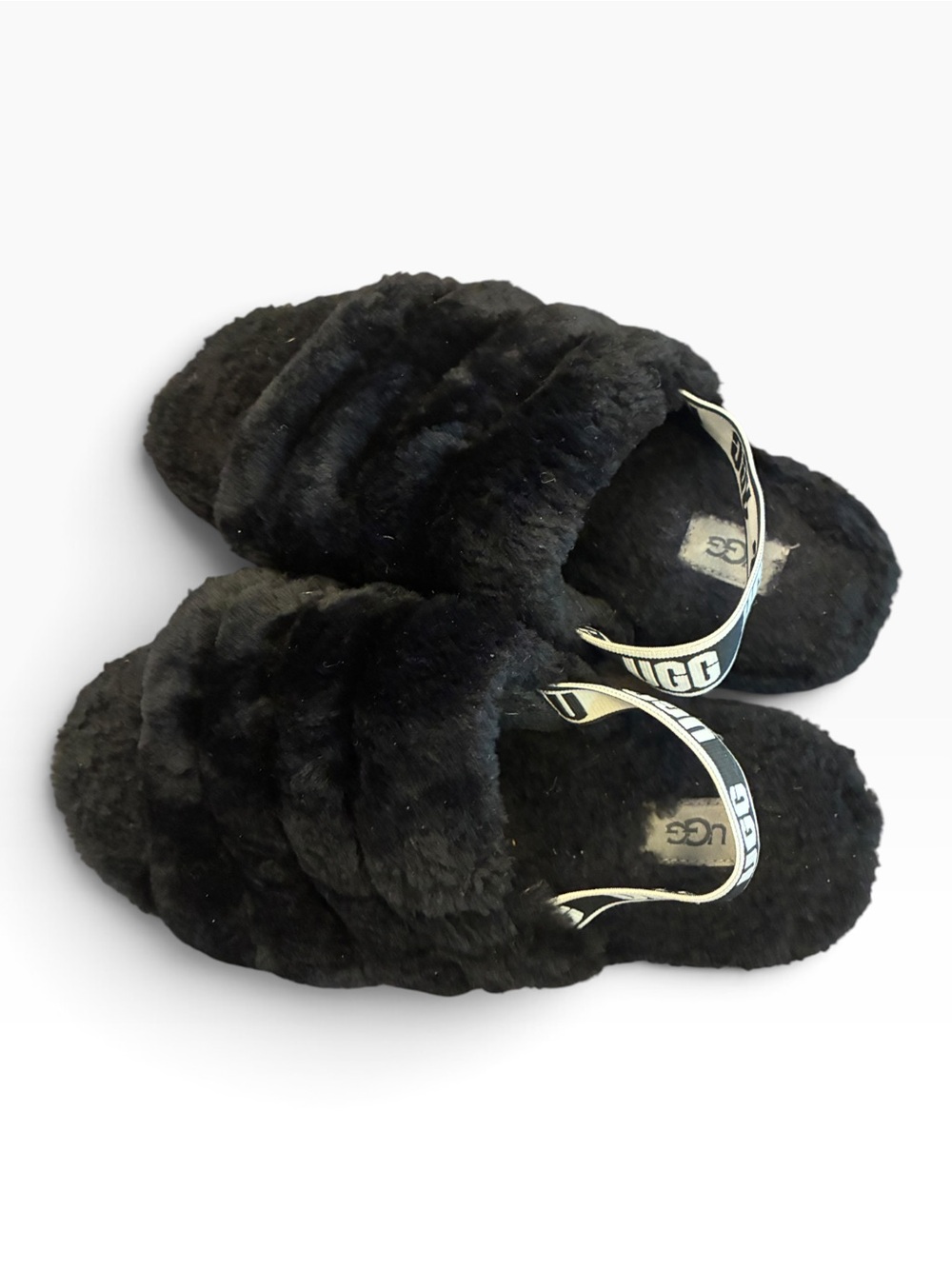 UGG Fluff Yeah Black Furry Slide Sandals Slippers Size 8.5 Good Condition - Picture 2 of 3
